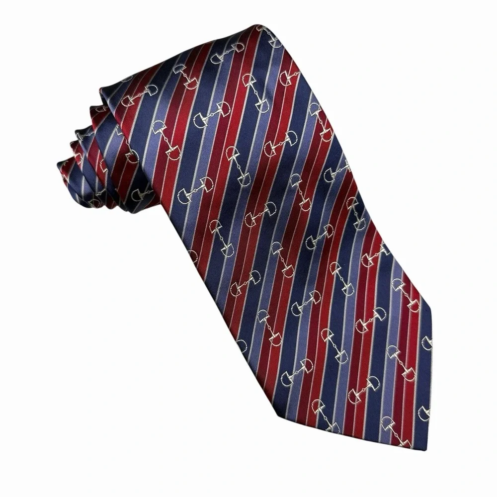 Gucci Men's Tie Striped Horsebit Logo Blue/Red Satin Silk 3 7/8